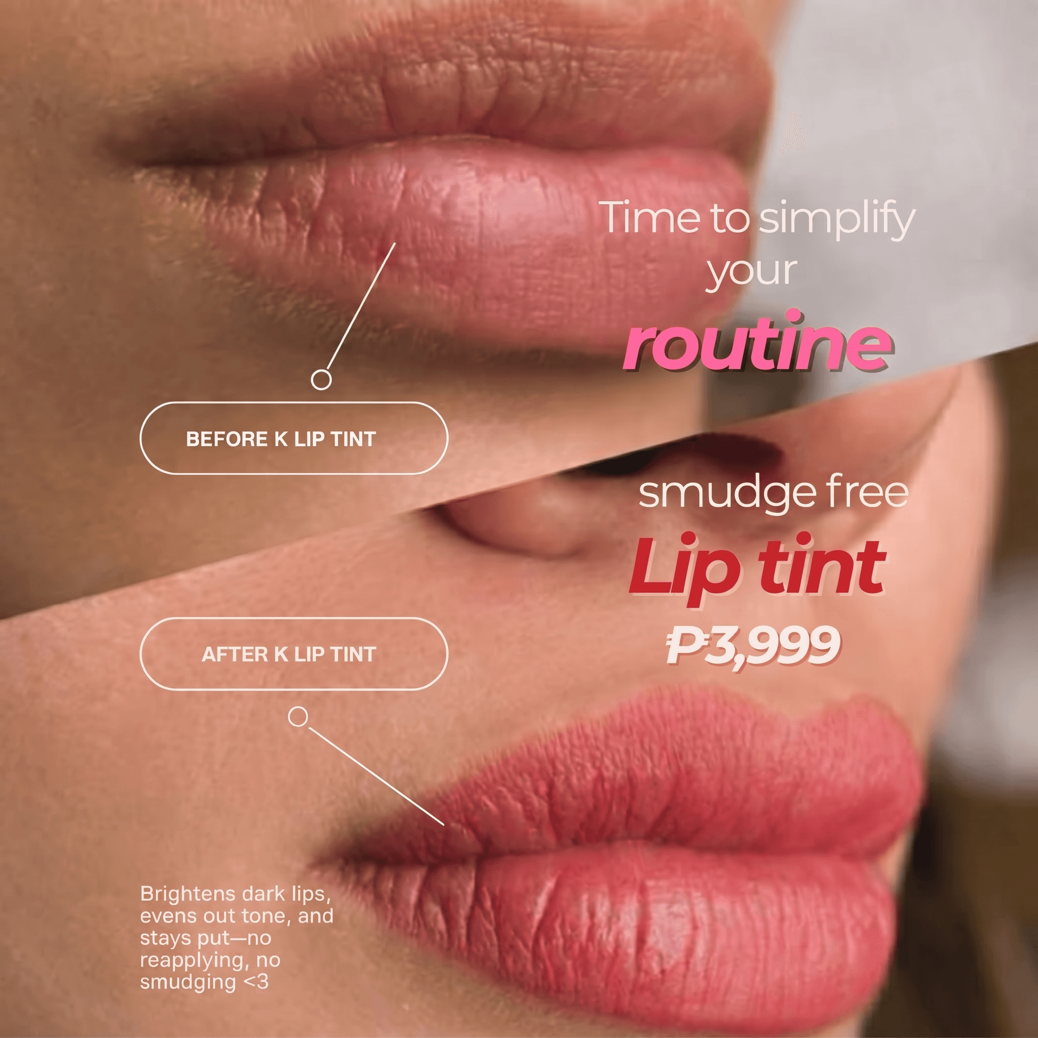 Before and after of Korean Tinted Lips: brightened, evened-out lip color that stays put