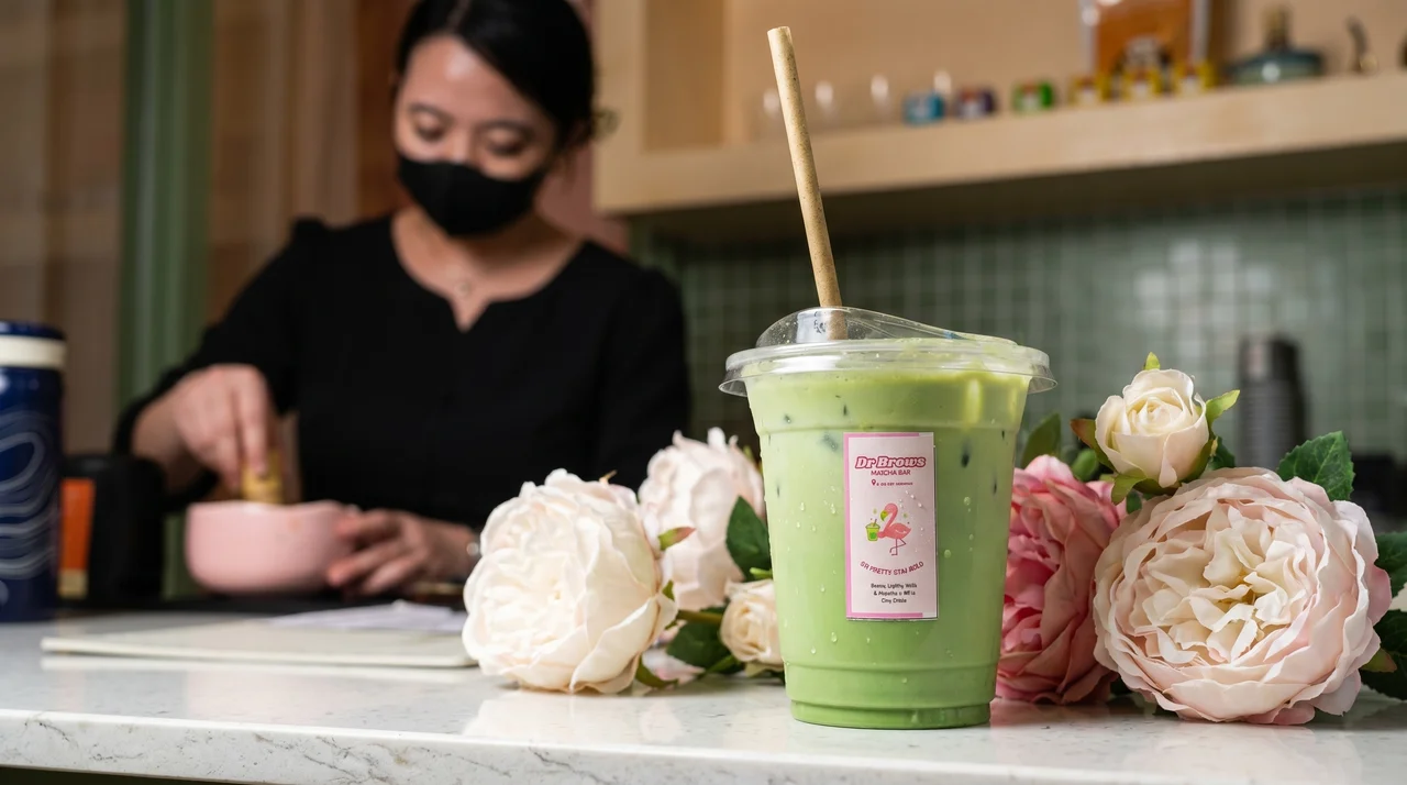 A branded Dr. Brows iced matcha latte with roses on a marble counter at the Matcha Bar