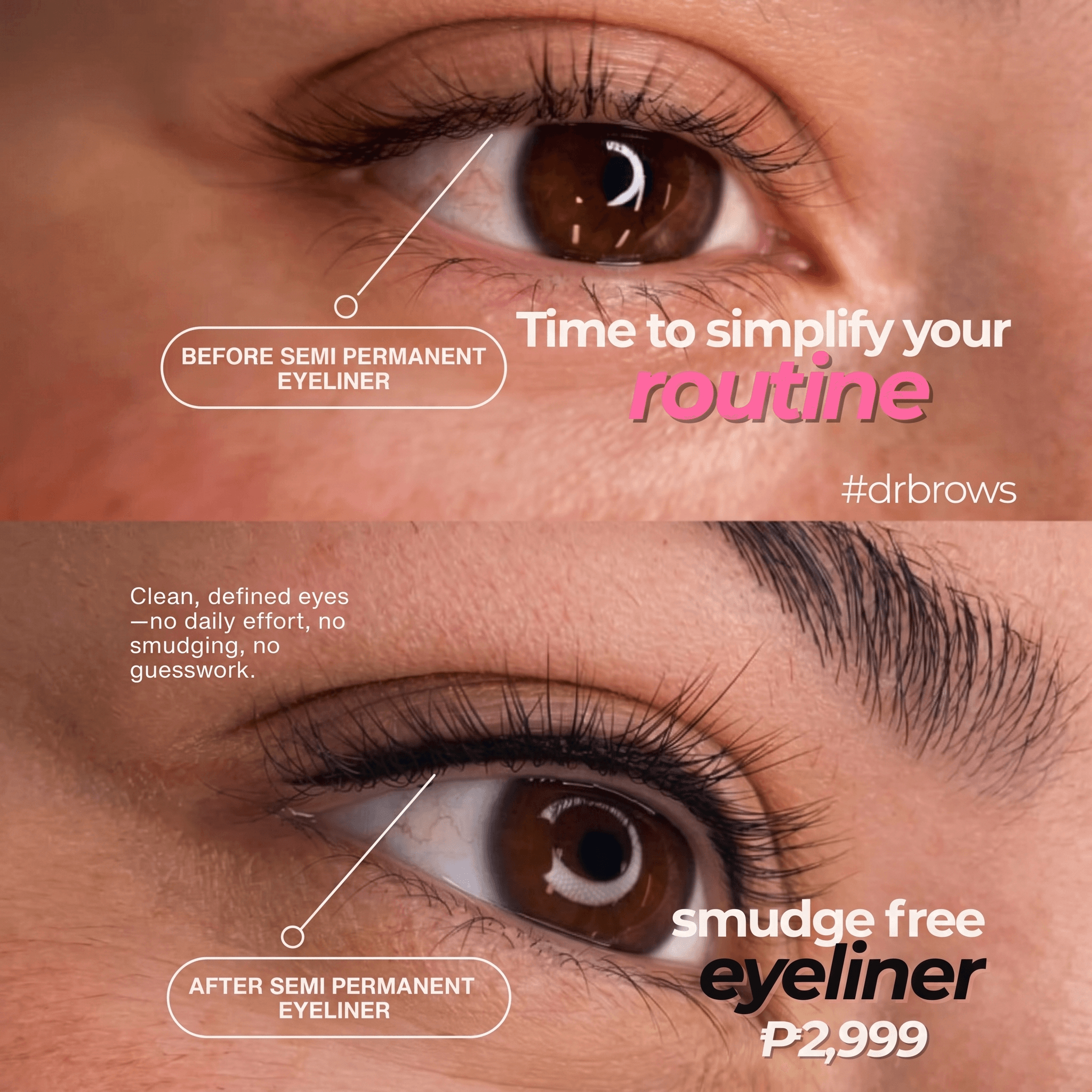 Before and after of semi-permanent eyeliner: clean, defined eyes without daily makeup