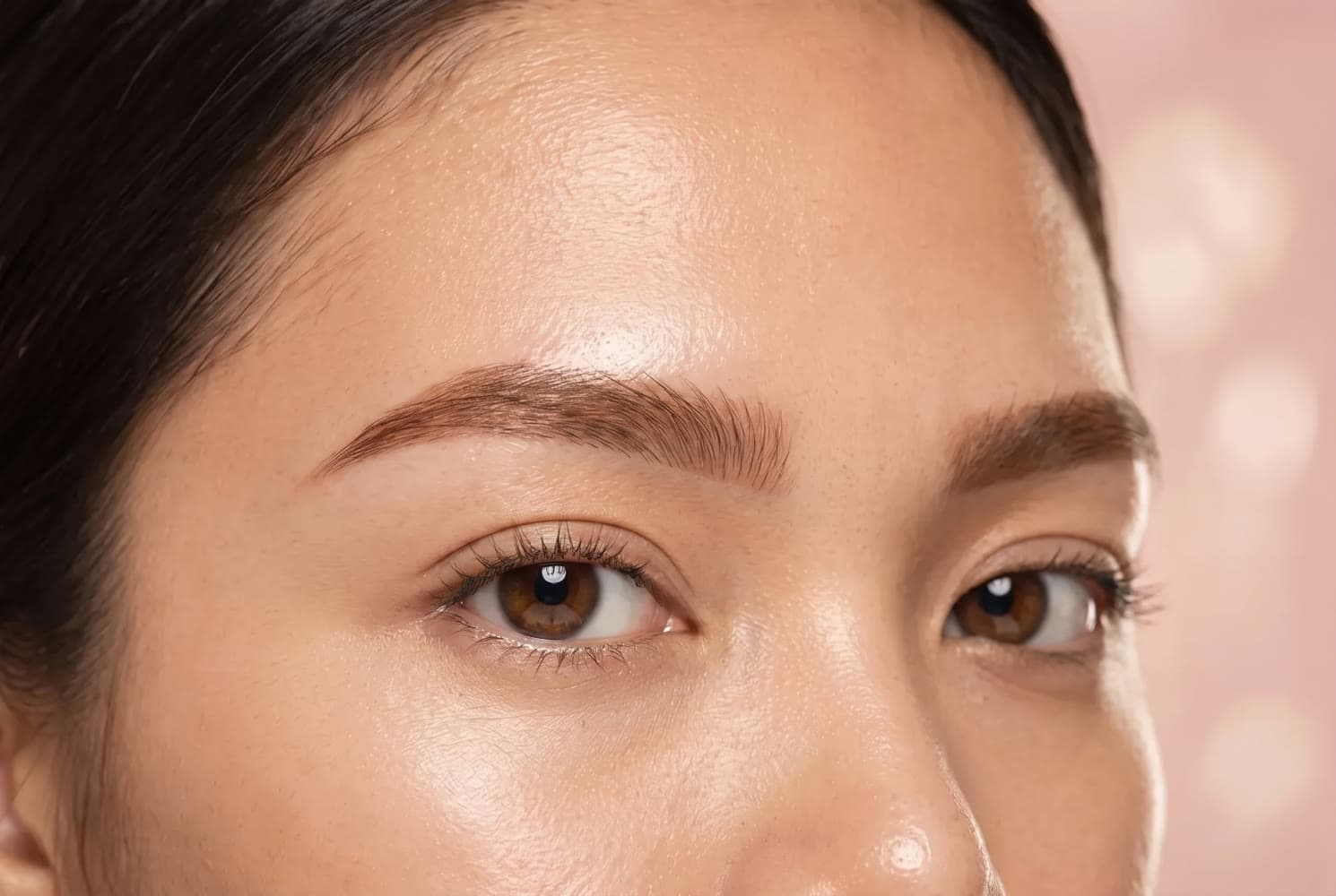 Close-up of soft, well-defined brows on radiant skin